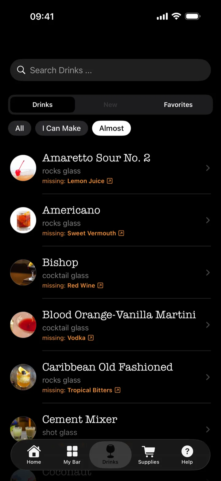 The Almost filter in the drinks list: Americano missing sweet vermouth, Bishop missing red wine, Caribbean Old Fashioned missing tropical bitters