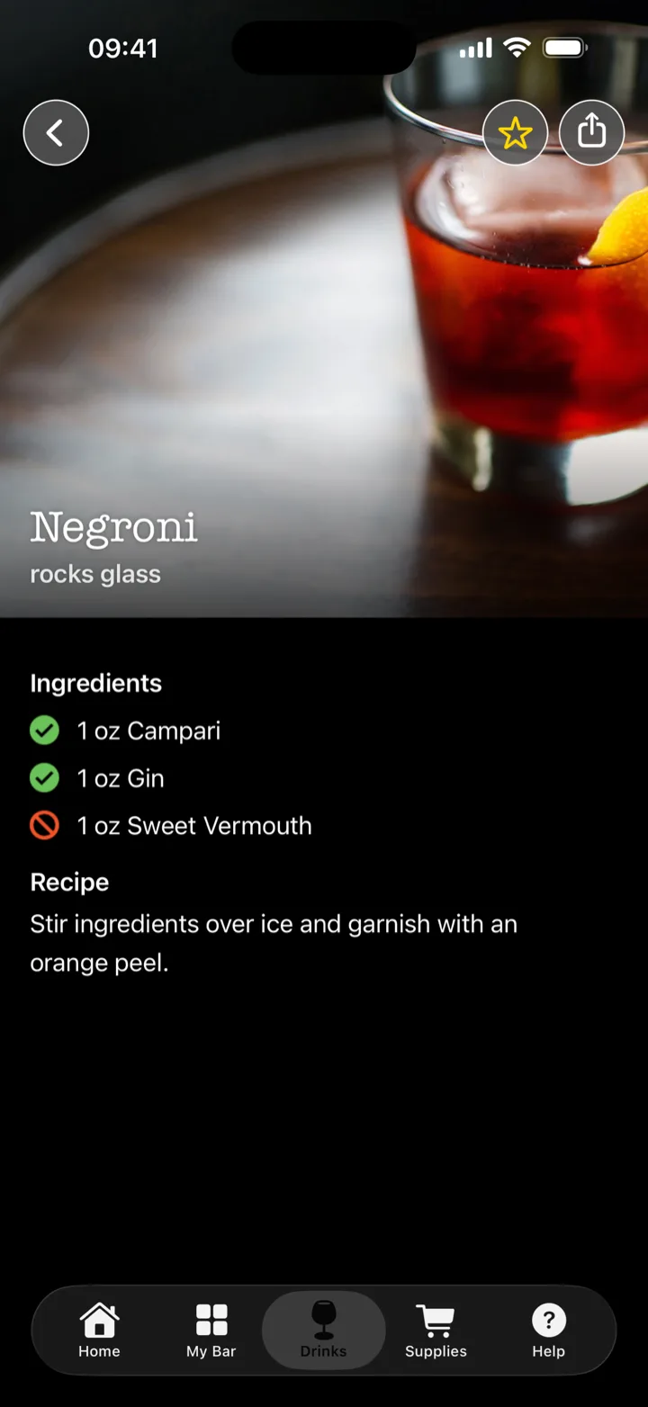 The Negroni recipe: a rocks glass photo, green checks beside Campari and gin, an orange mark beside sweet vermouth, and the instruction to stir over ice and garnish with an orange peel