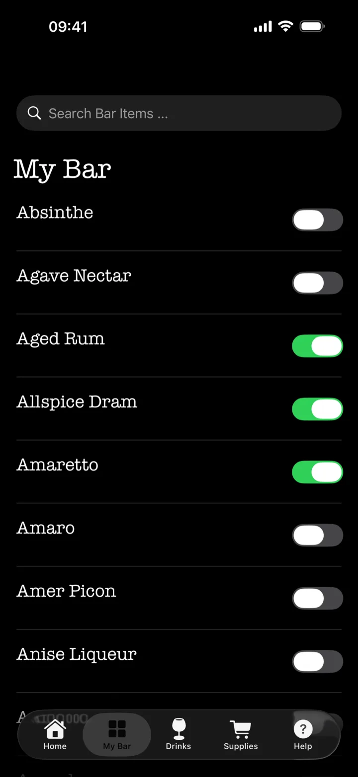 The My Bar list: absinthe through anise liqueur with green toggles marking aged rum, allspice dram, and amaretto as in the house